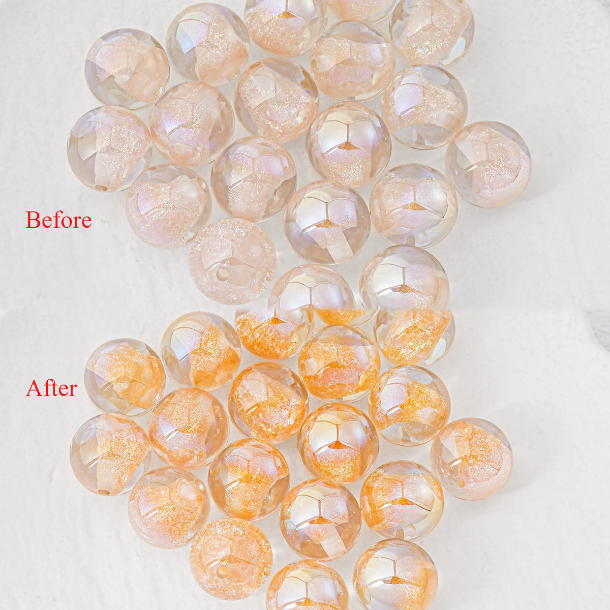 Two clusters of round faceted beads on a white background, labeled 'Before' and 'After' in red text. The top cluster appears clear and pale with subtle iridescent highlights, while the bottom cluster shows the same beads filled with shimmering gold glitter.