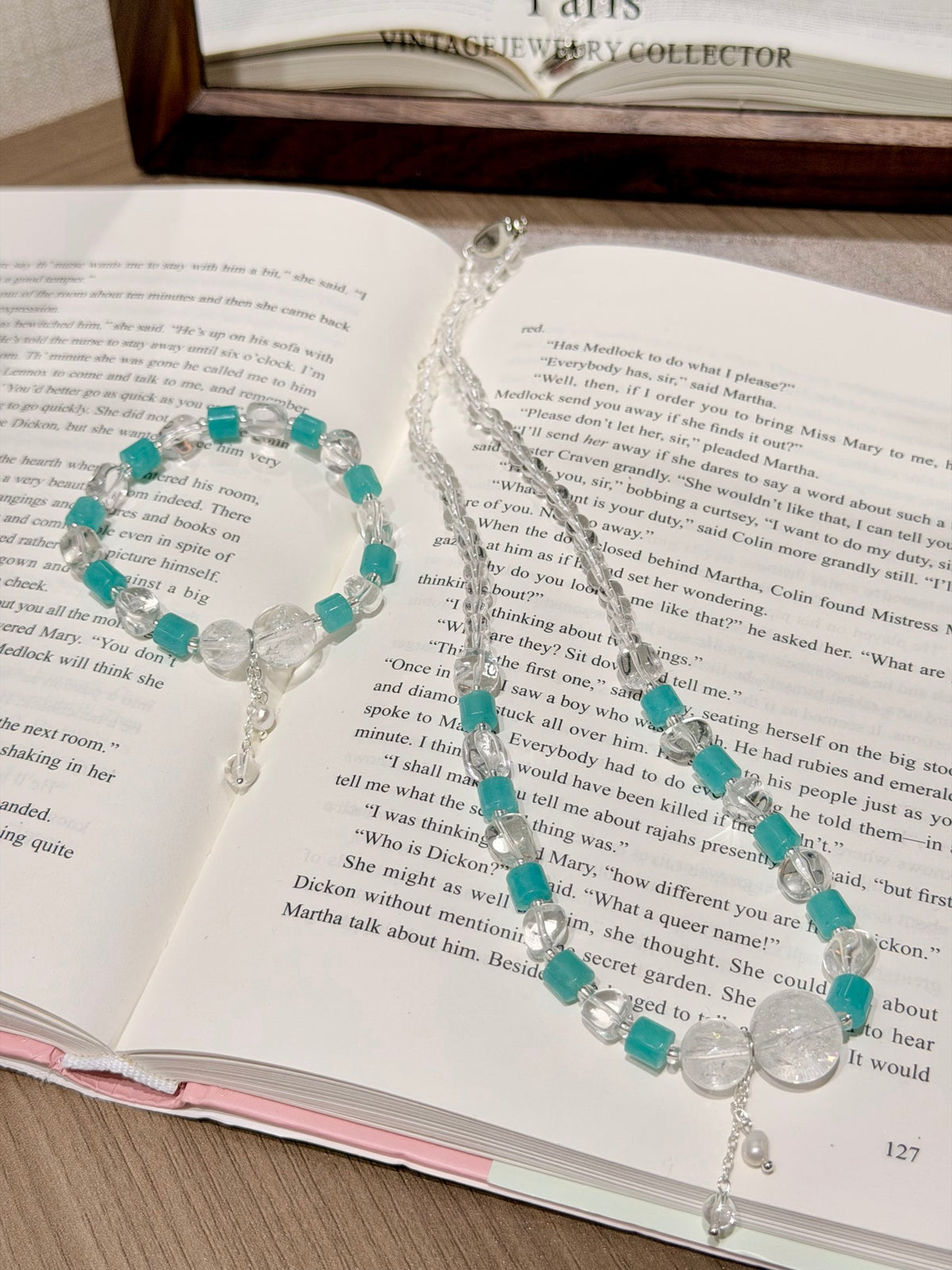 Amazonite & Azeztulite Necklace Bracelet Set on open book