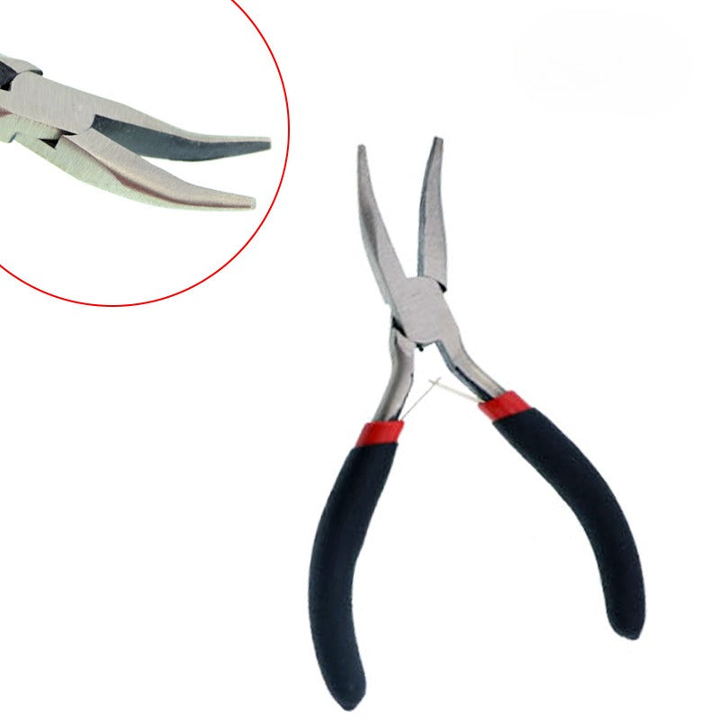Bent-nose pliers with black and red handles on white, with circular close-up inset of the curved tip