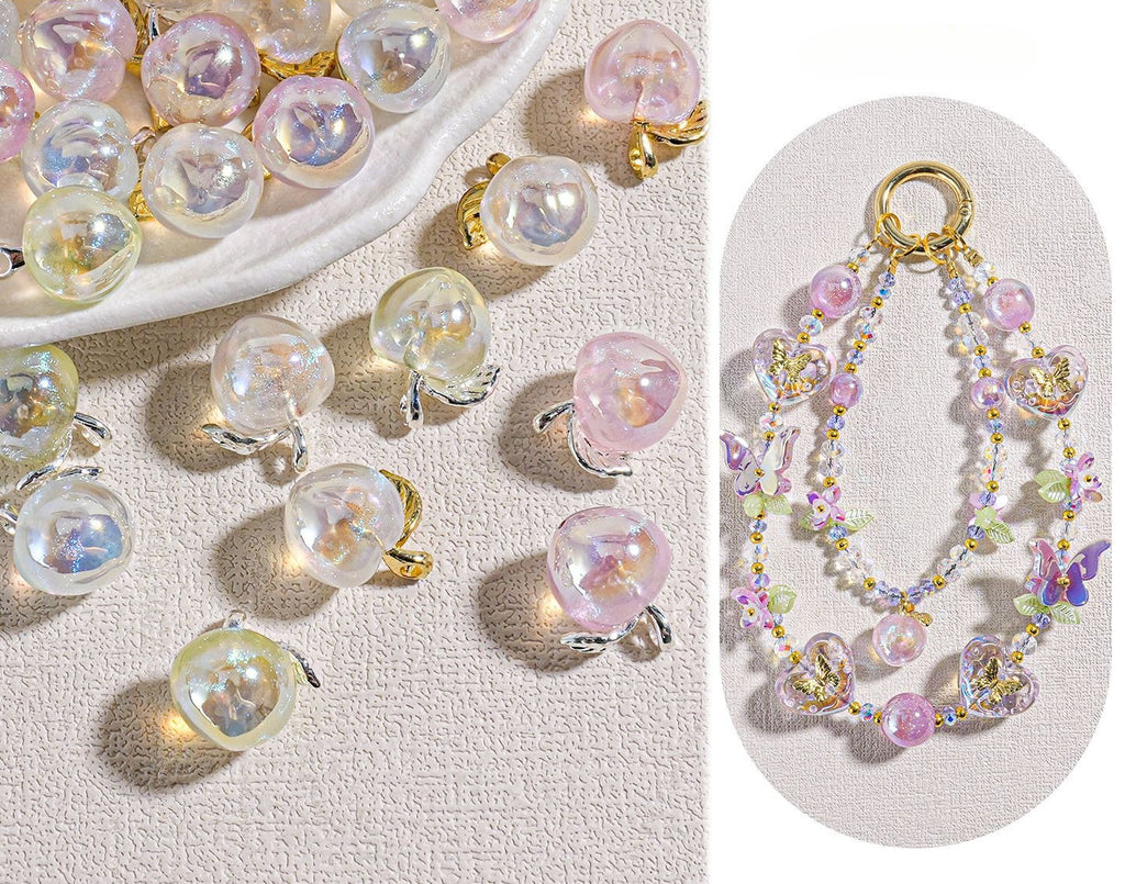 Color-plated alloy mini peach beads with gold and silver caps, shown loose and in a finished butterfly phone charm
