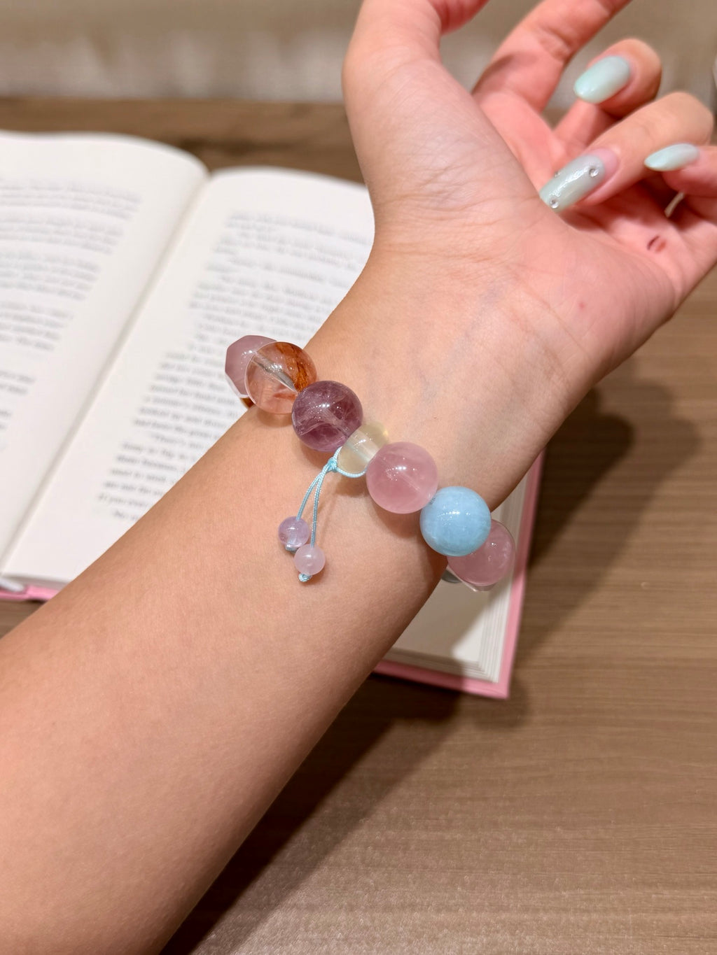 Spring Candy Jar bracelet with amethyst, pink quartz, aquamarine and sugar-cube beads on card