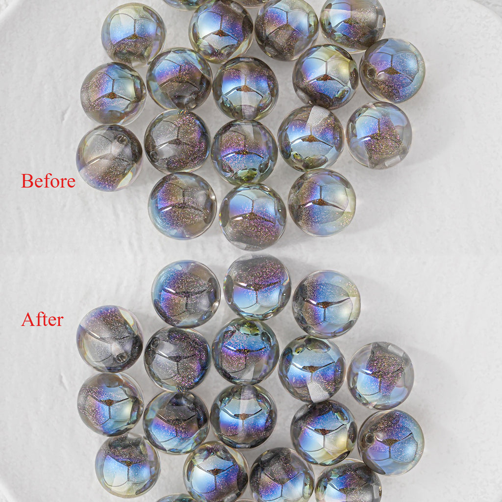 Two clusters of round resin beads labeled 'Before' and 'After' on white, showing the iridescent crackle finish.