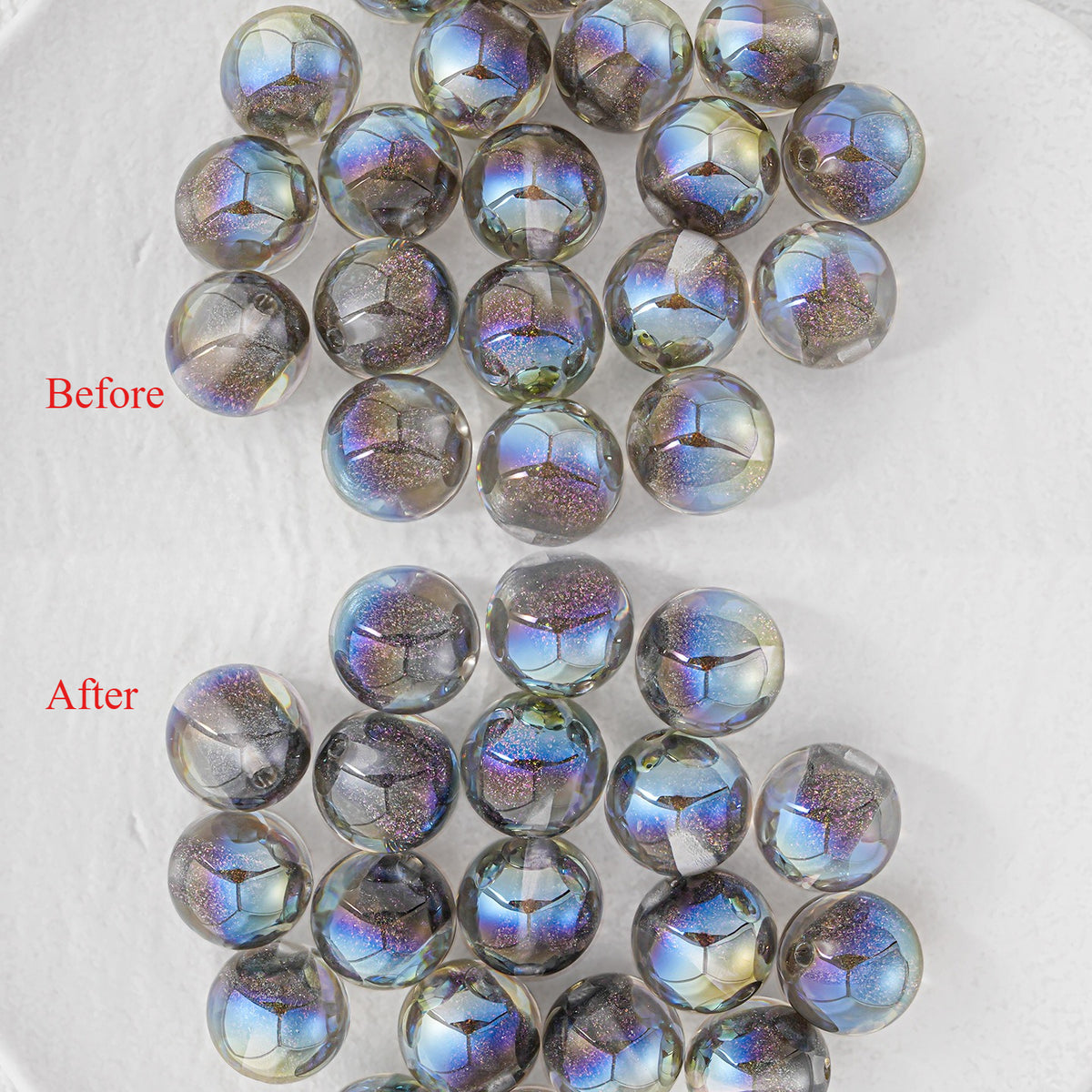 Two clusters of round resin beads labeled 'Before' and 'After' on white, showing the iridescent crackle finish.