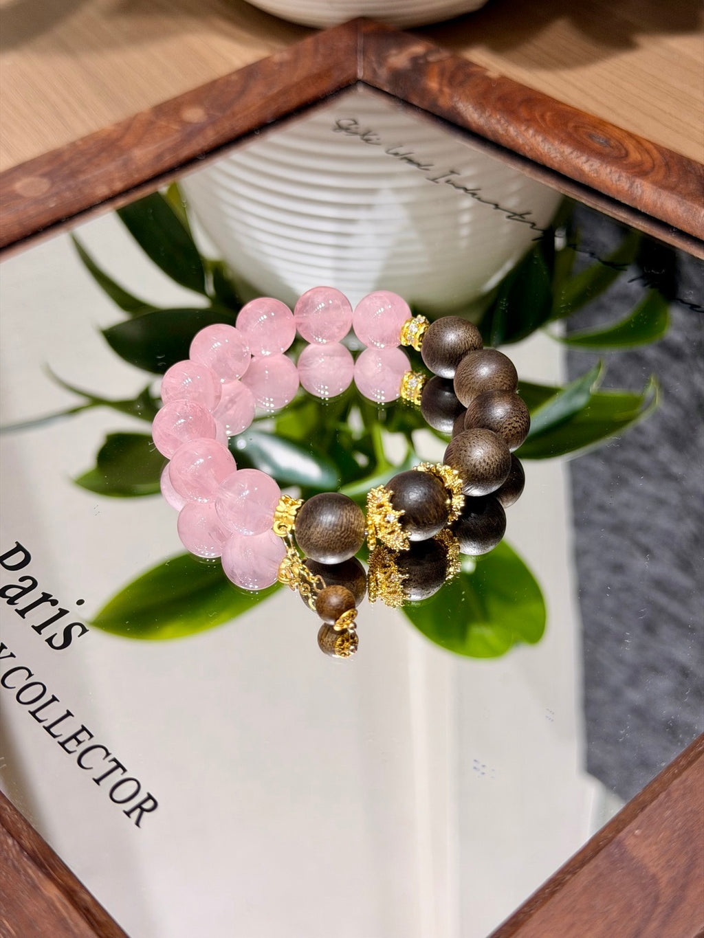 Pink quartz and sandalwood bracelet with gold spacer beads and dangle charm