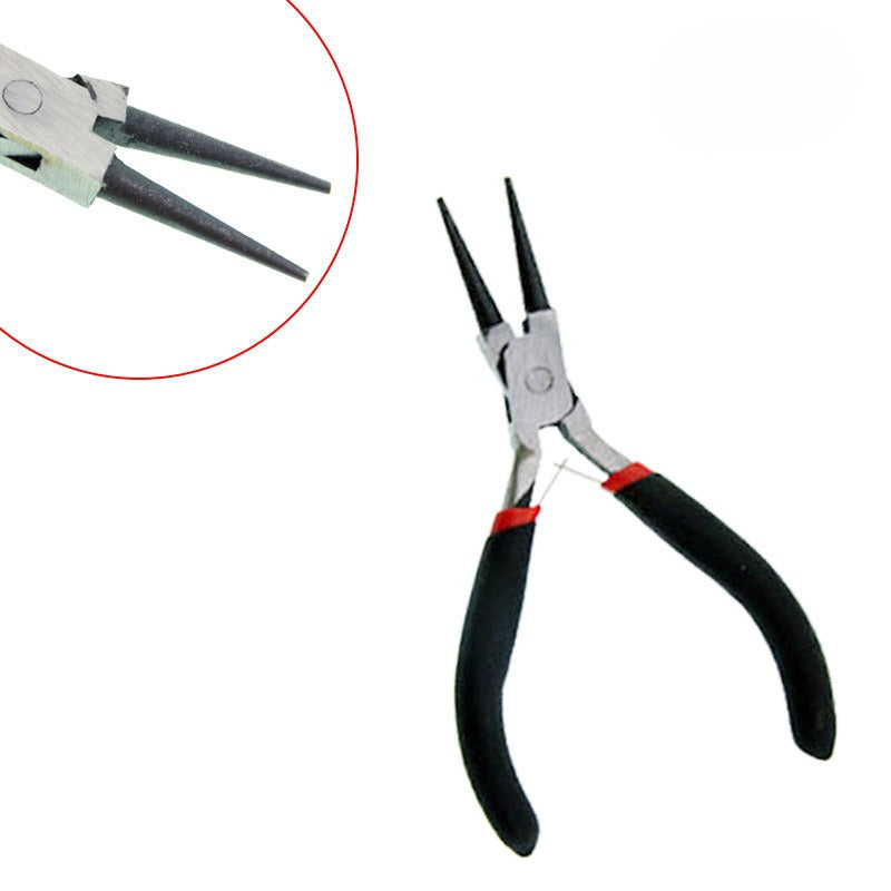 Needle-nose pliers with black and red handles on white, with circular close-up inset of the tip