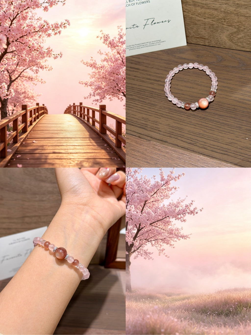 Pink gummy bracelet collage with cherry blossom scenes