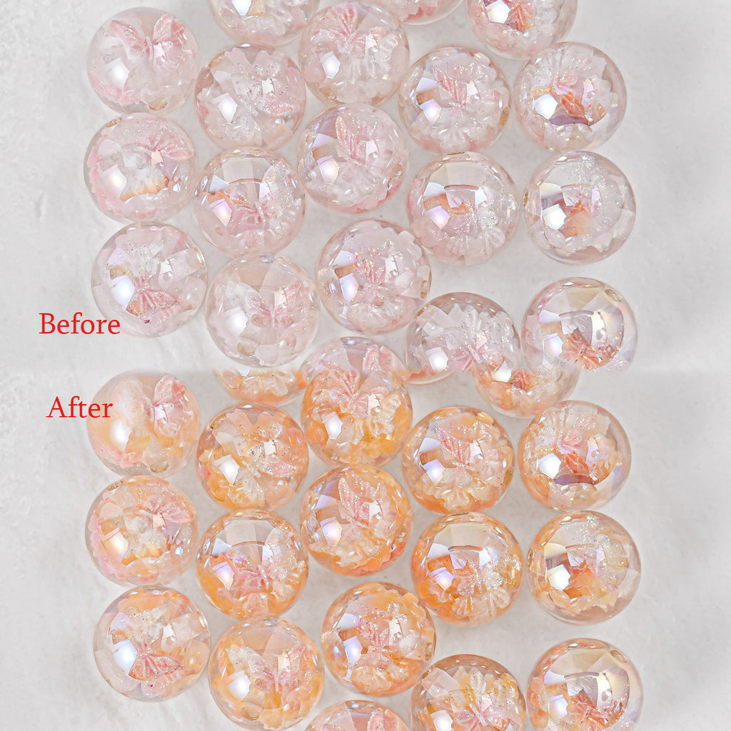Butterfly beads labeled Before and After showing UV color change from clear to peachy-orange