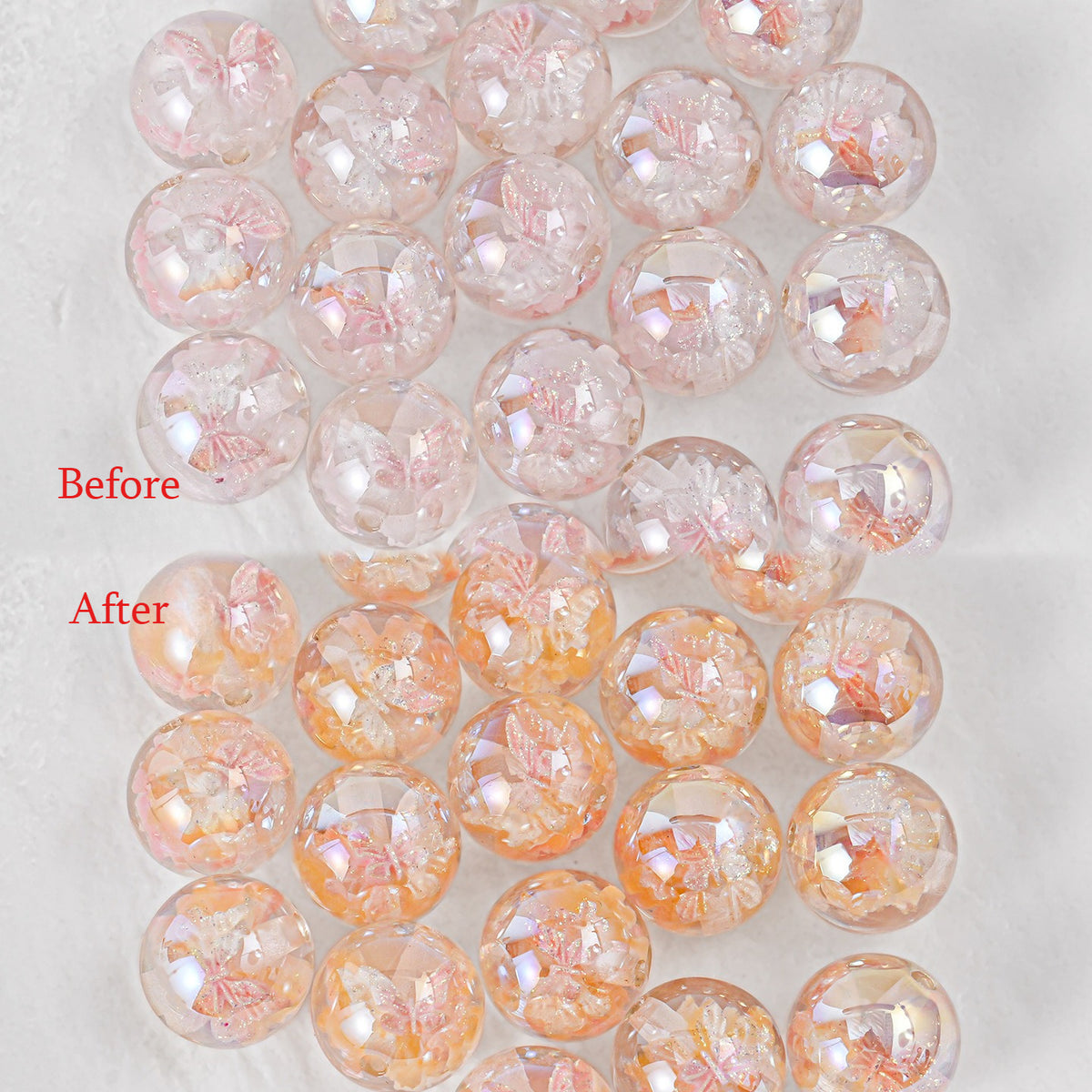 Butterfly beads labeled Before and After showing UV color change from clear to peachy-orange