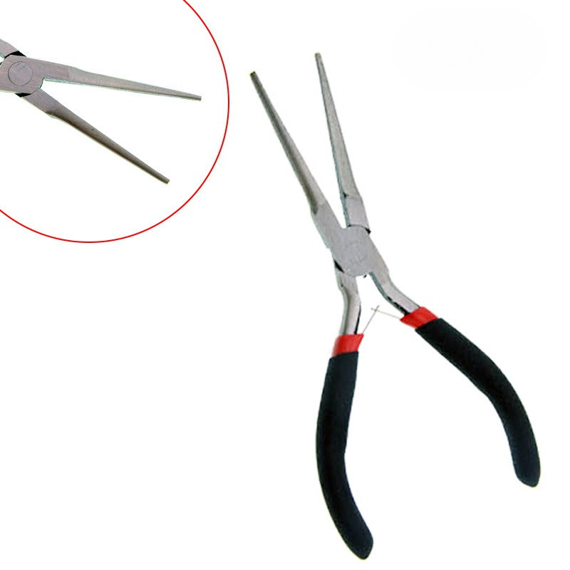 Long needle nose pliers with black and red handles, shown on a white background with a circular inset close-up of the tip.