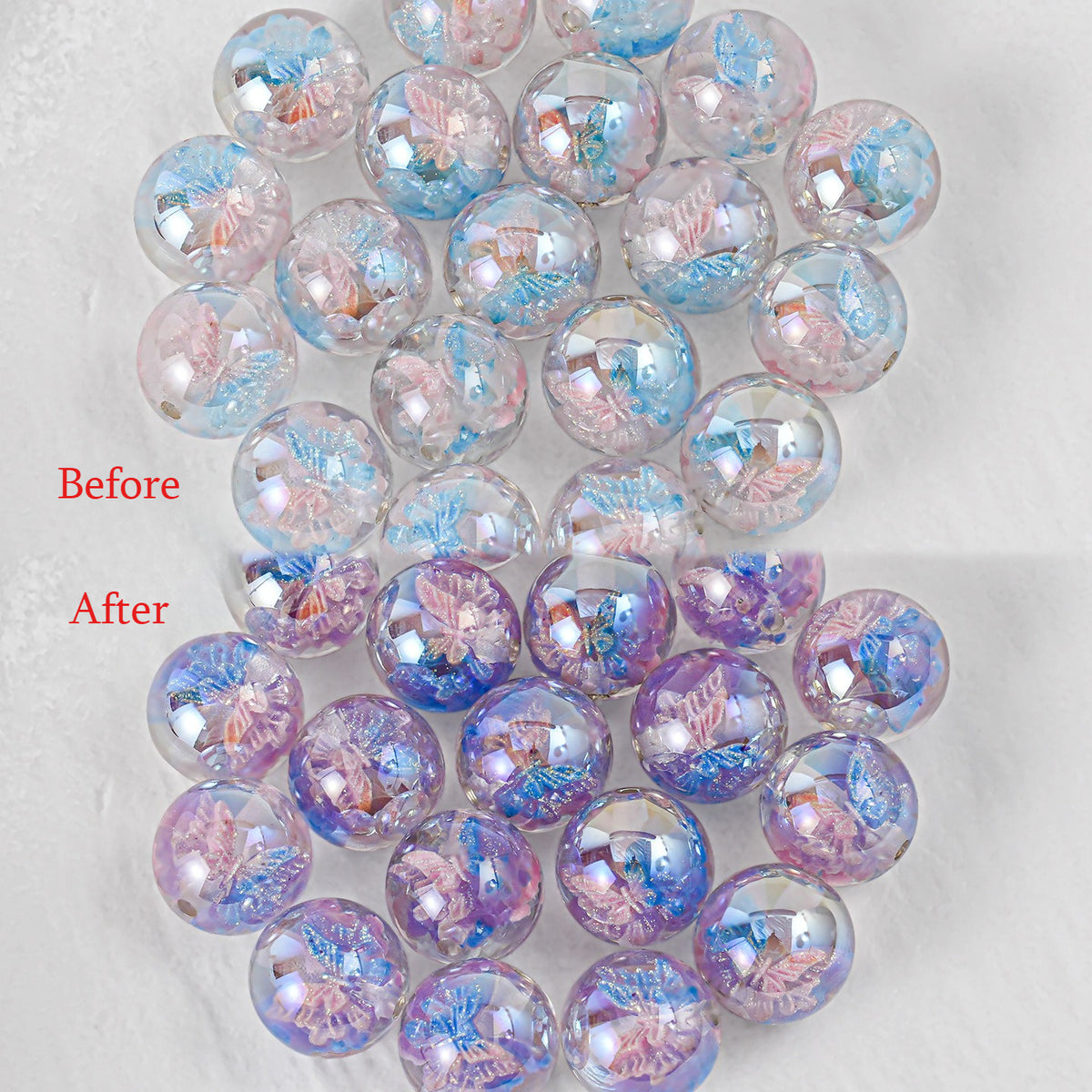 Before and After butterfly beads changing from pale clear to blue-purple iridescent