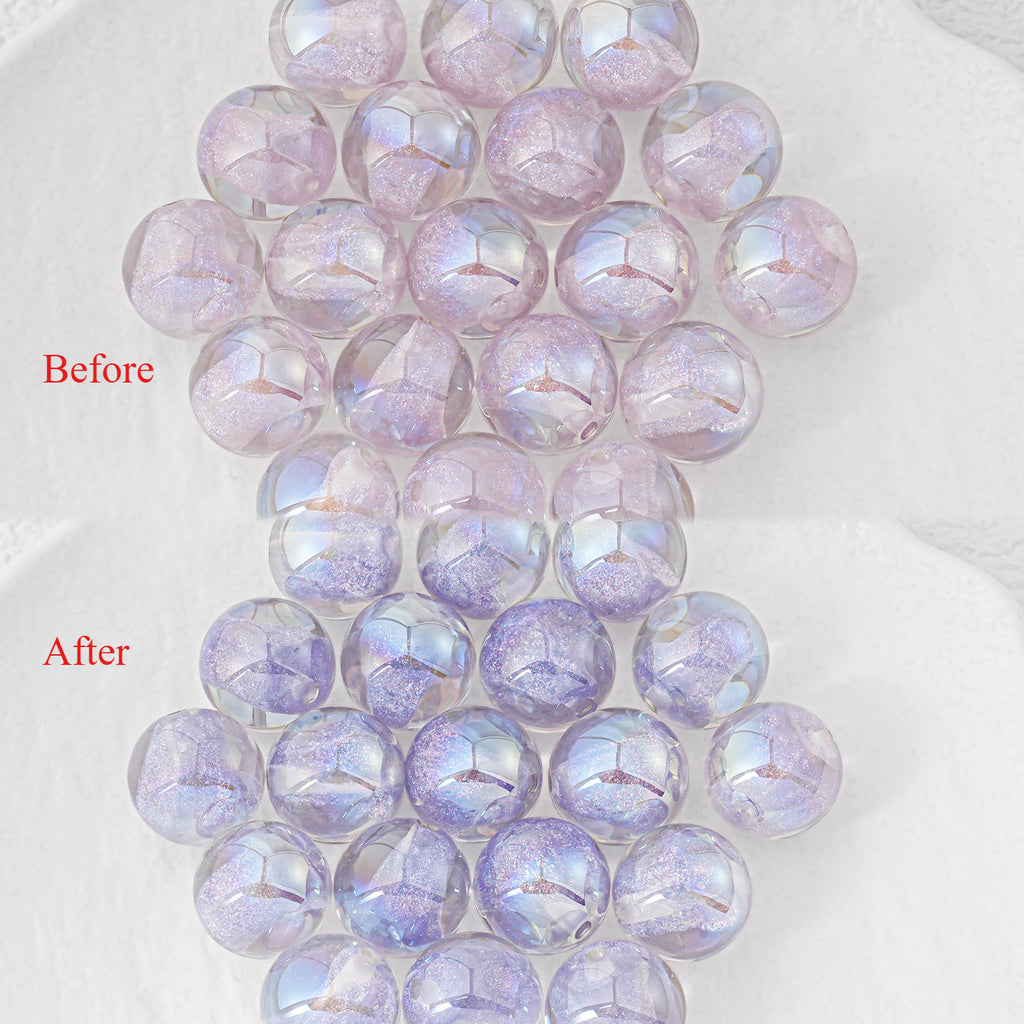 A comparison-style product photo showing two groups of round iridescent beads labeled 'Before' and 'After' on a white textured background. The top group appears clearer and lighter, while the bottom group shows more visible shimmer and color variation.