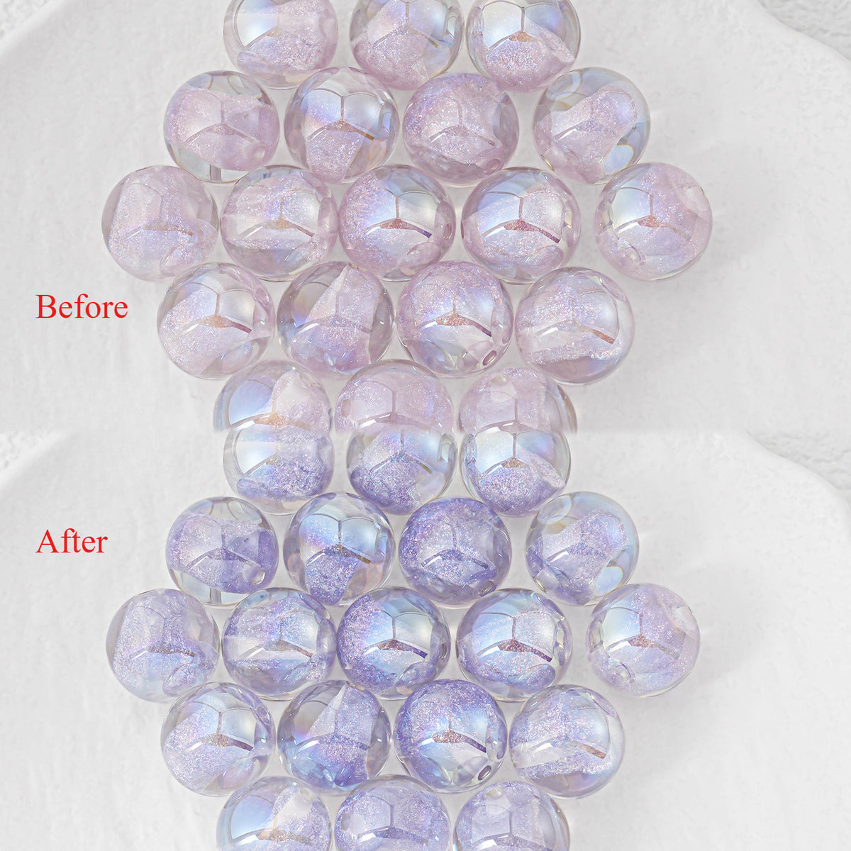 A comparison-style product photo showing two groups of round iridescent beads labeled 'Before' and 'After' on a white textured background. The top group appears clearer and lighter, while the bottom group shows more visible shimmer and color variation.