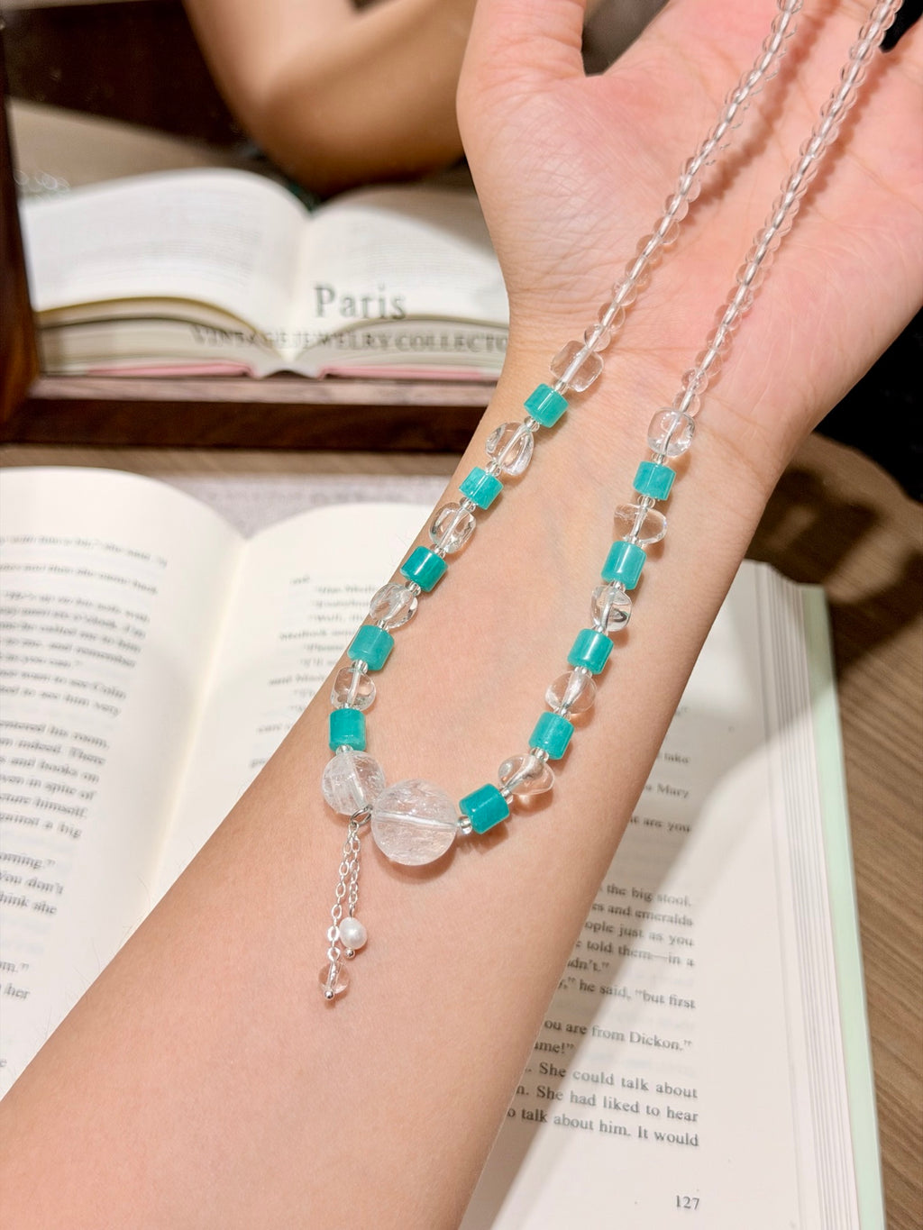 Amazonite & Azeztulite Necklace Bracelet Set held in hand