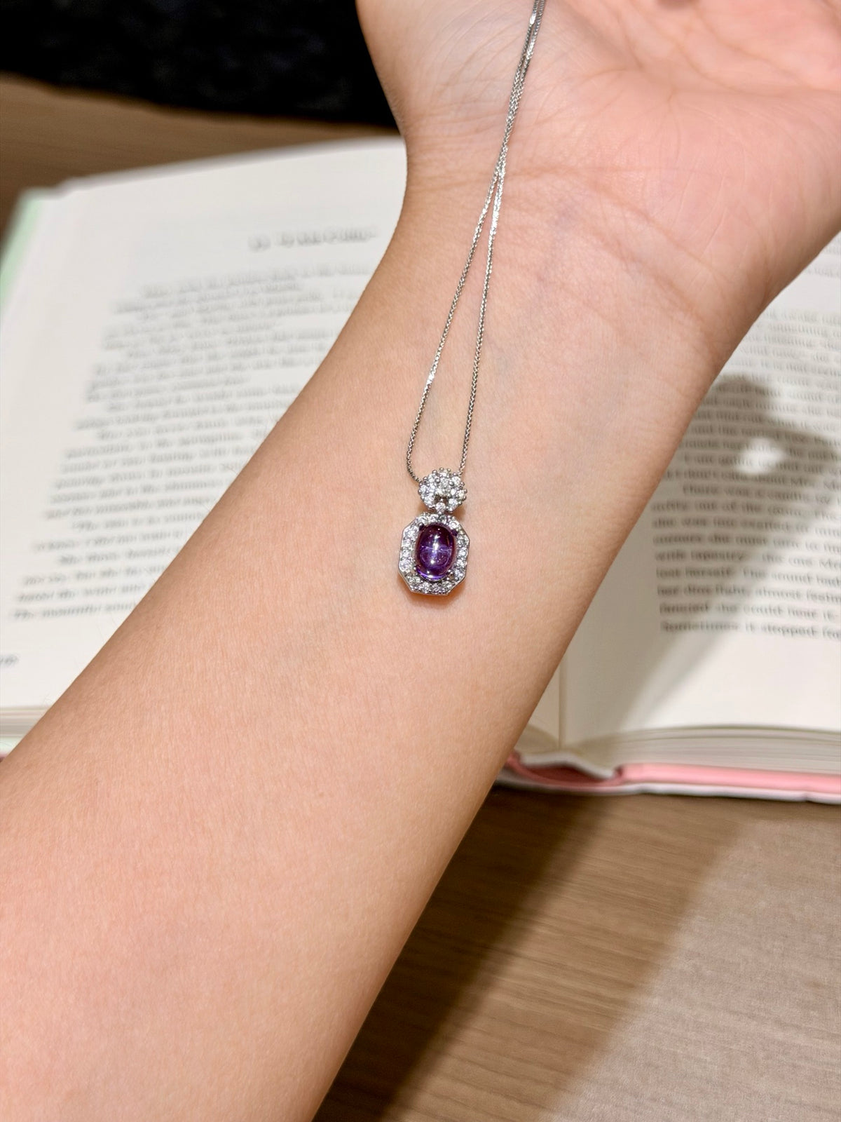 Natural Amethyst Oval Halo Pendant with Chain