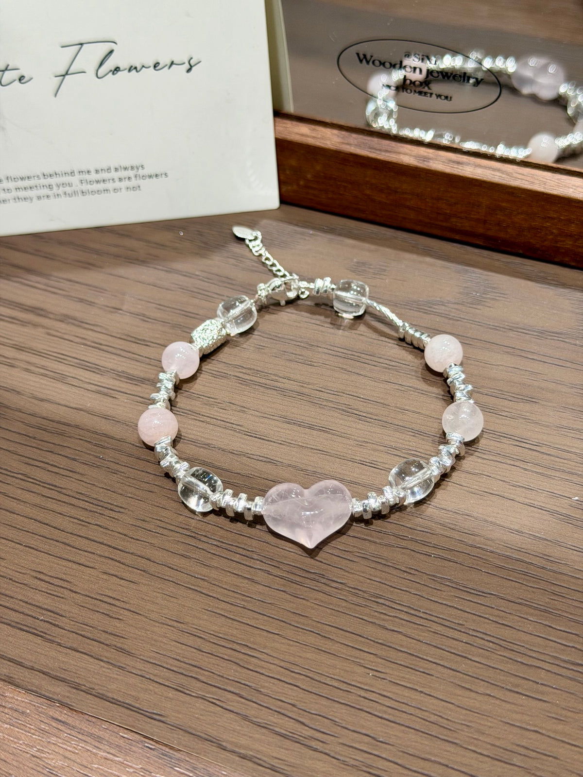 Pink heart quartz bracelet collage with cherry blossom stream scenes