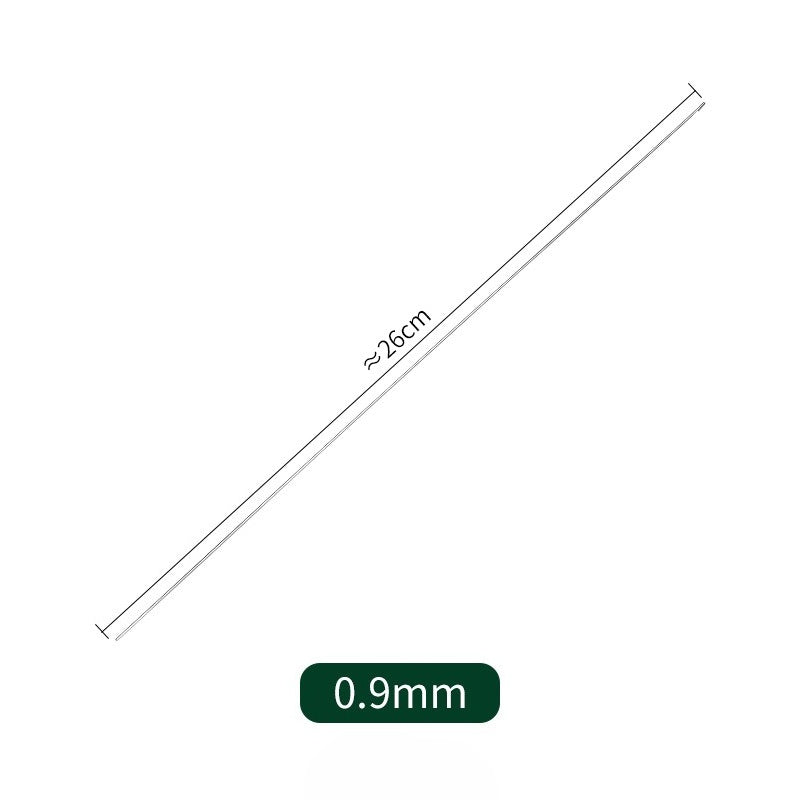 Dimension diagram of a hook needle: diagonal line labeled approximately 26 cm with a 0.9 mm label.