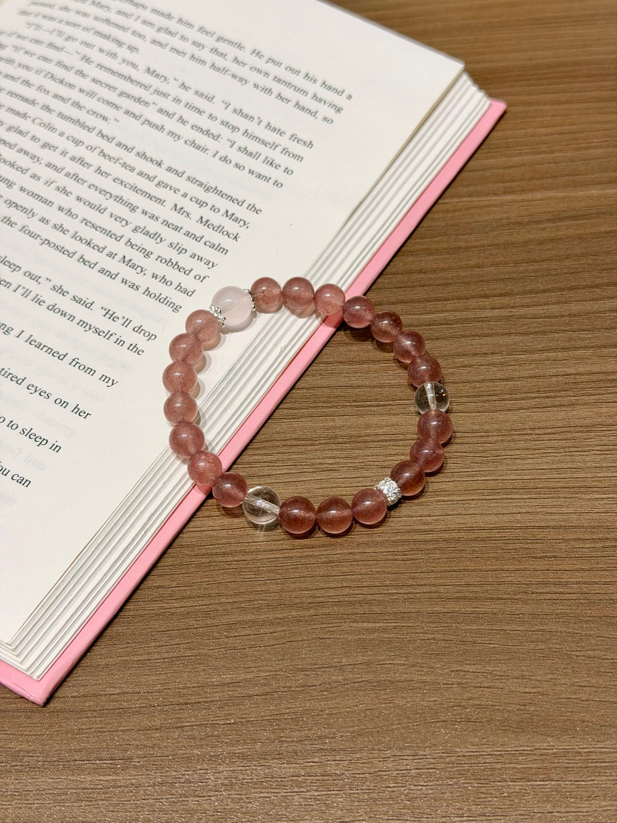 Strawberry Quartz & Pink Quartz Bracelet on mirror tray