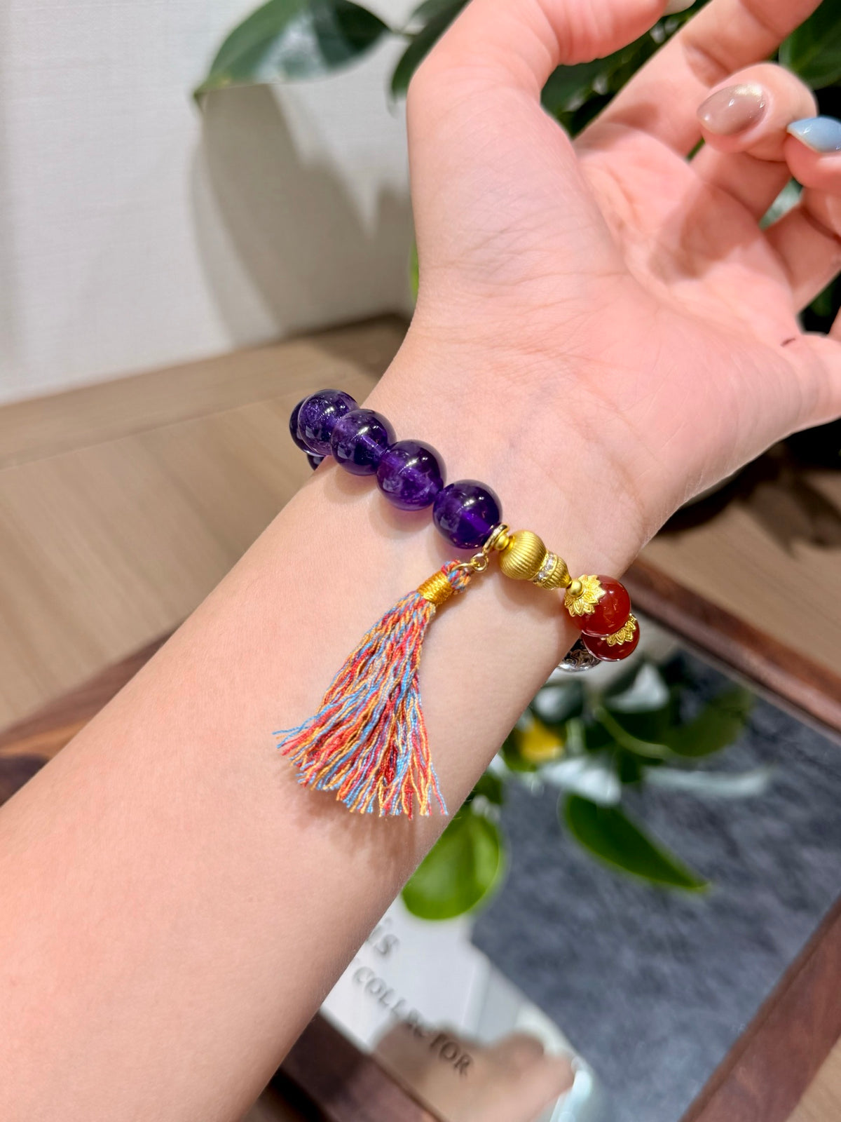 Amethyst & Red Agate Bracelet worn on wrist