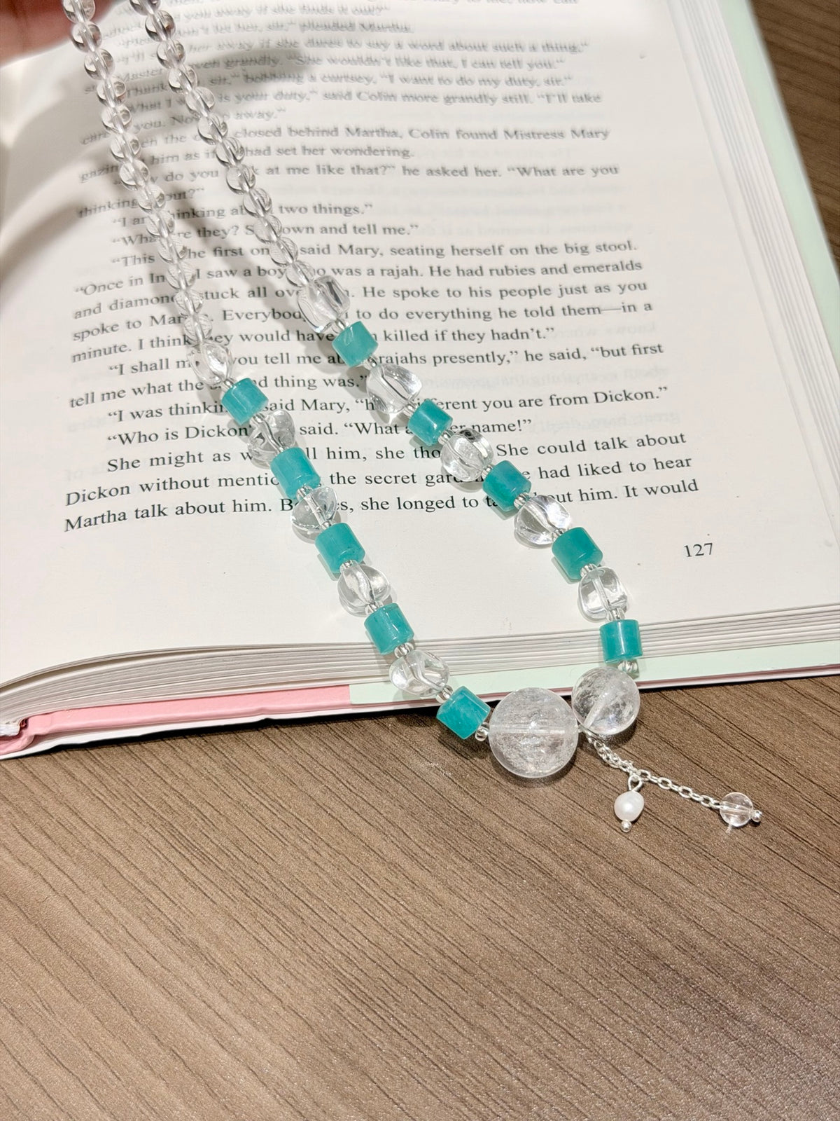 Amazonite & Azeztulite Necklace Bracelet Set front detail
