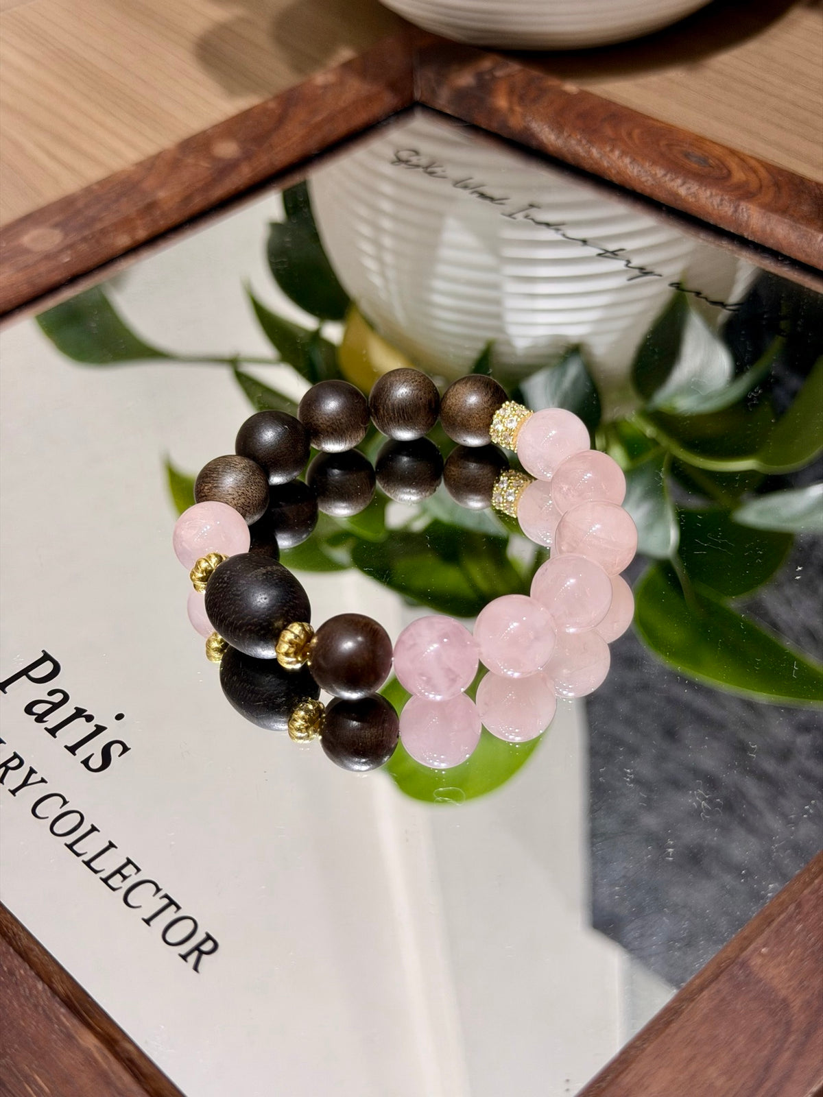 Pink Quartz & Agarwood Bracelet on mirror tray