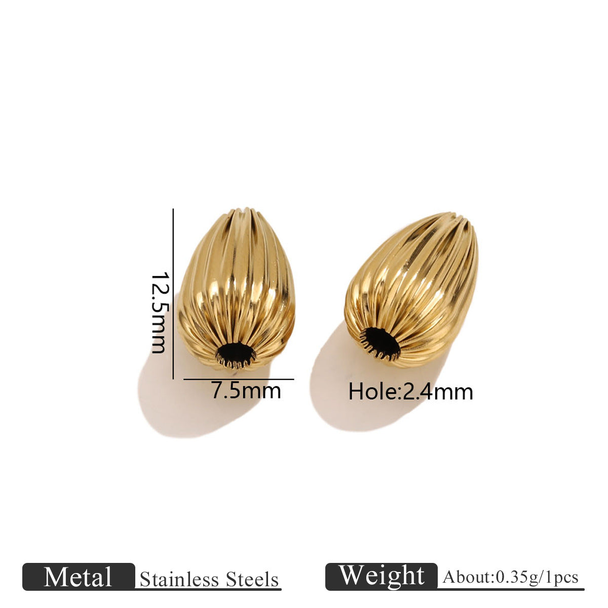 18K Gold-Plated Stainless Steel Ribbed Teardrop Spacer Beads 10pcs