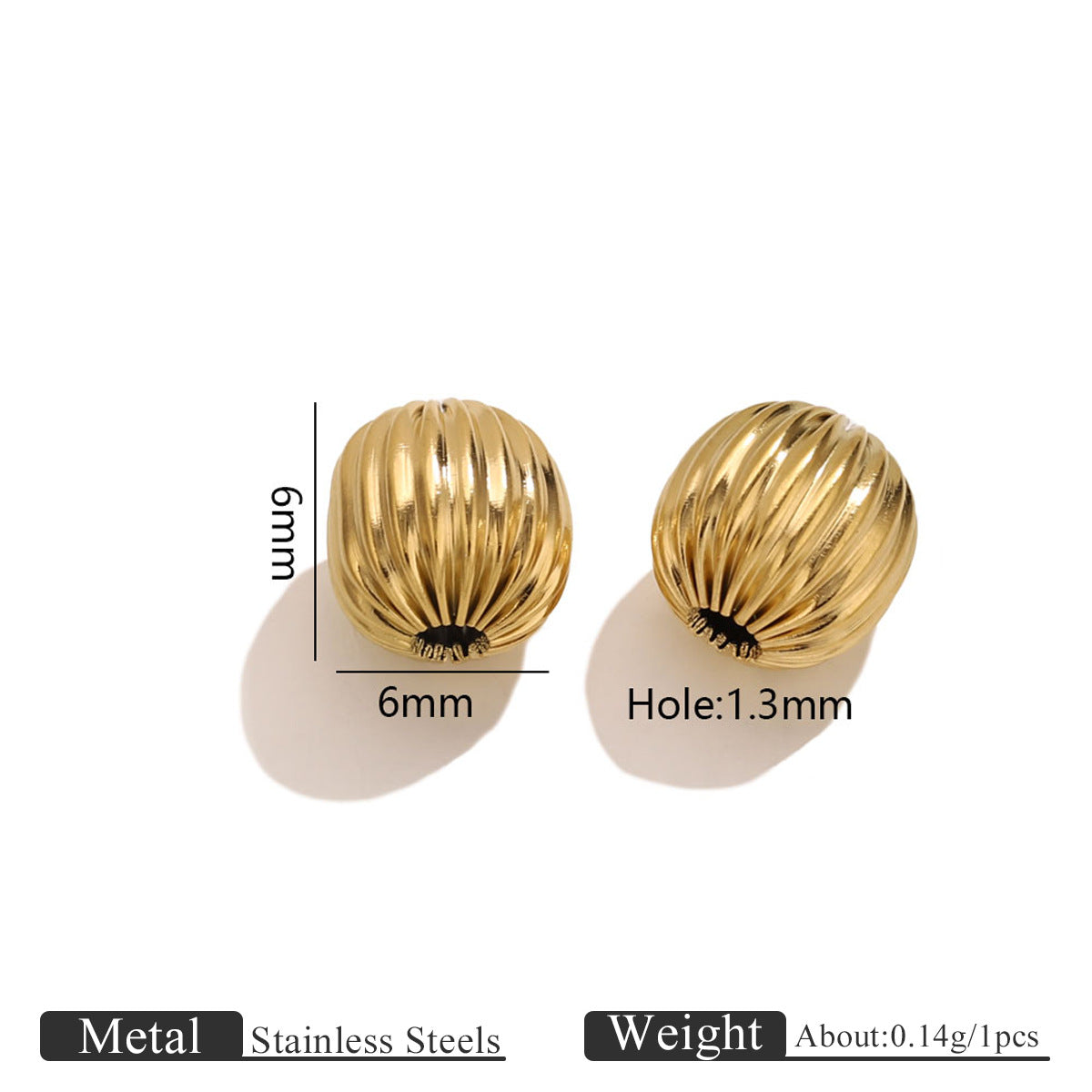 18K Gold-Plated Stainless Steel Ribbed Teardrop Spacer Beads 10pcs
