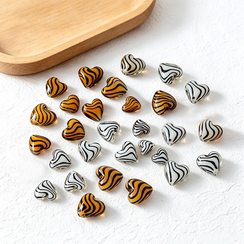 Vintage Tiger Pattern Heart Glazed Beads