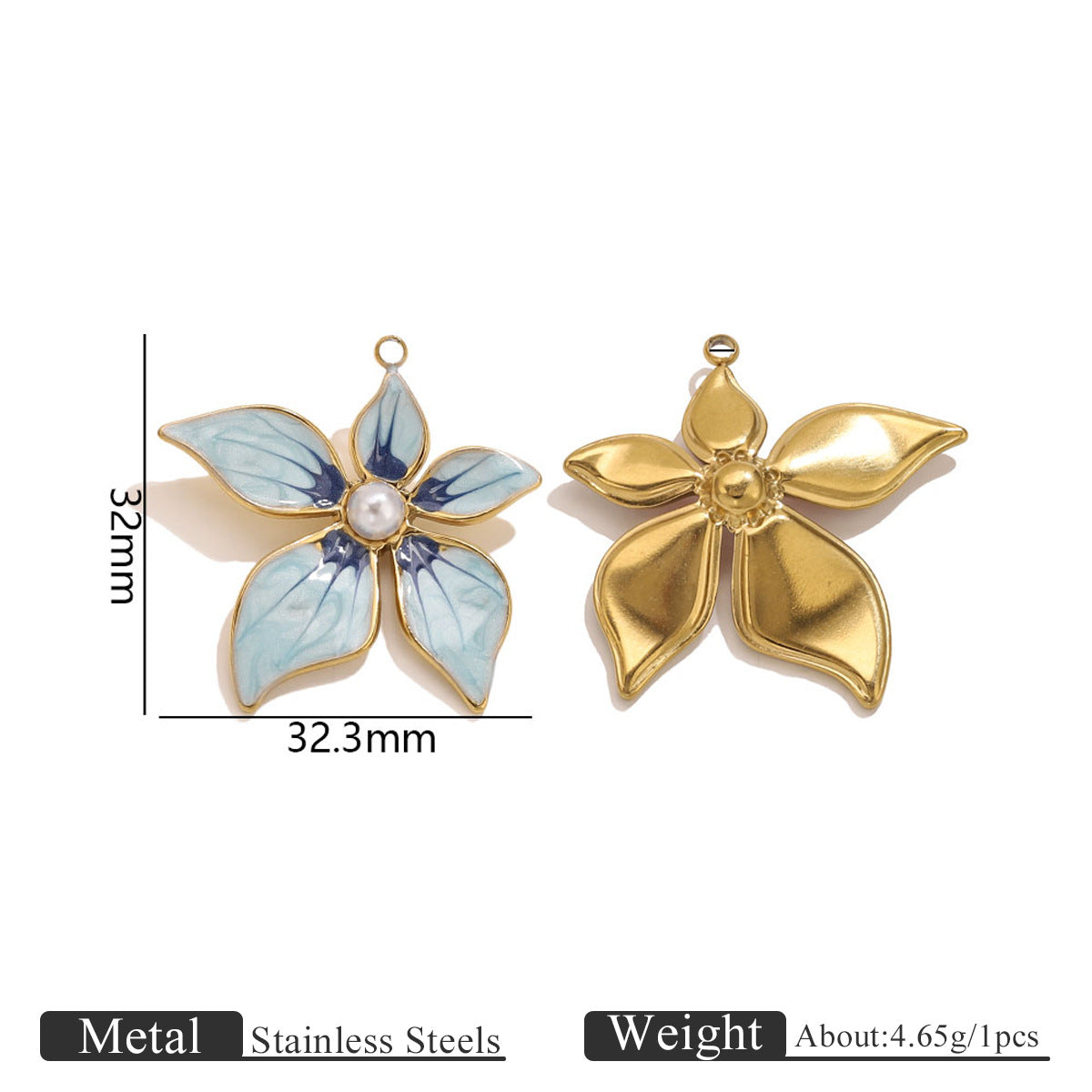 Two gold-toned flower pendant charms, one with blue enamel petals and pearl center, 32mm by 32.3mm