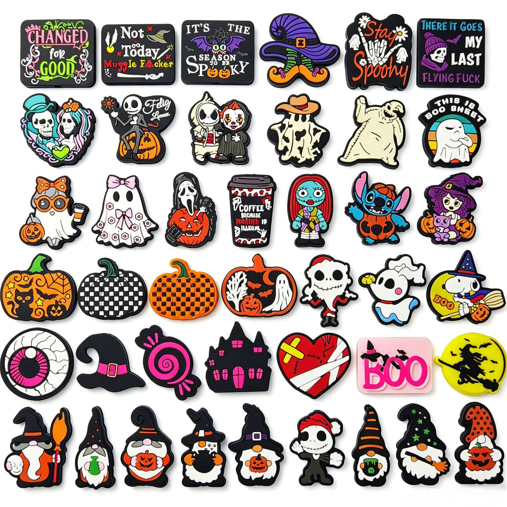 Grid of Halloween silicone focal beads with pumpkins, ghosts, witches, gnomes, skulls, bats, and text designs