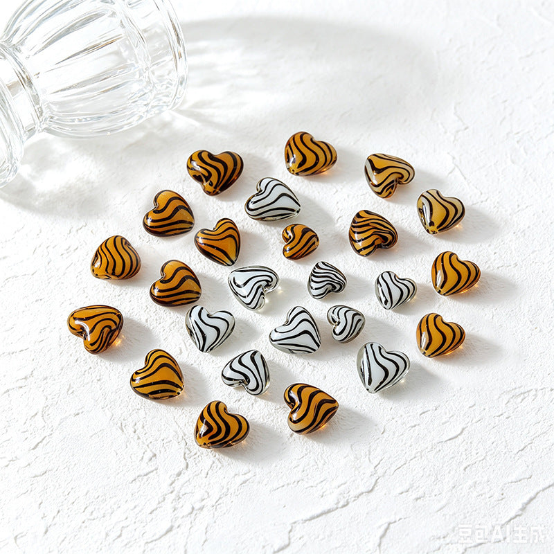 Vintage Tiger Pattern Heart Glazed Beads