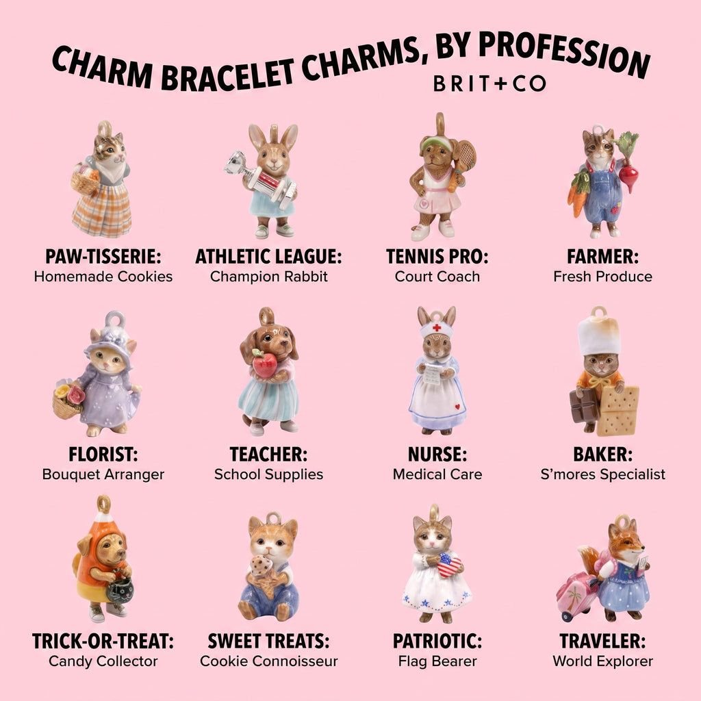 Pink chart showing 12 3D animal charms in profession costumes, including baker, nurse, teacher, farmer and traveler.