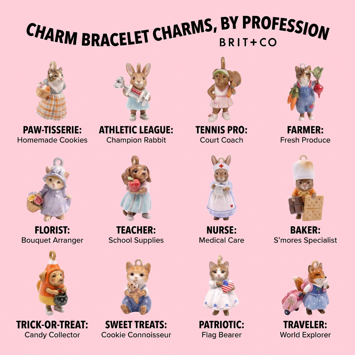 Pink chart showing 12 3D animal charms in profession costumes, including baker, nurse, teacher, farmer and traveler.