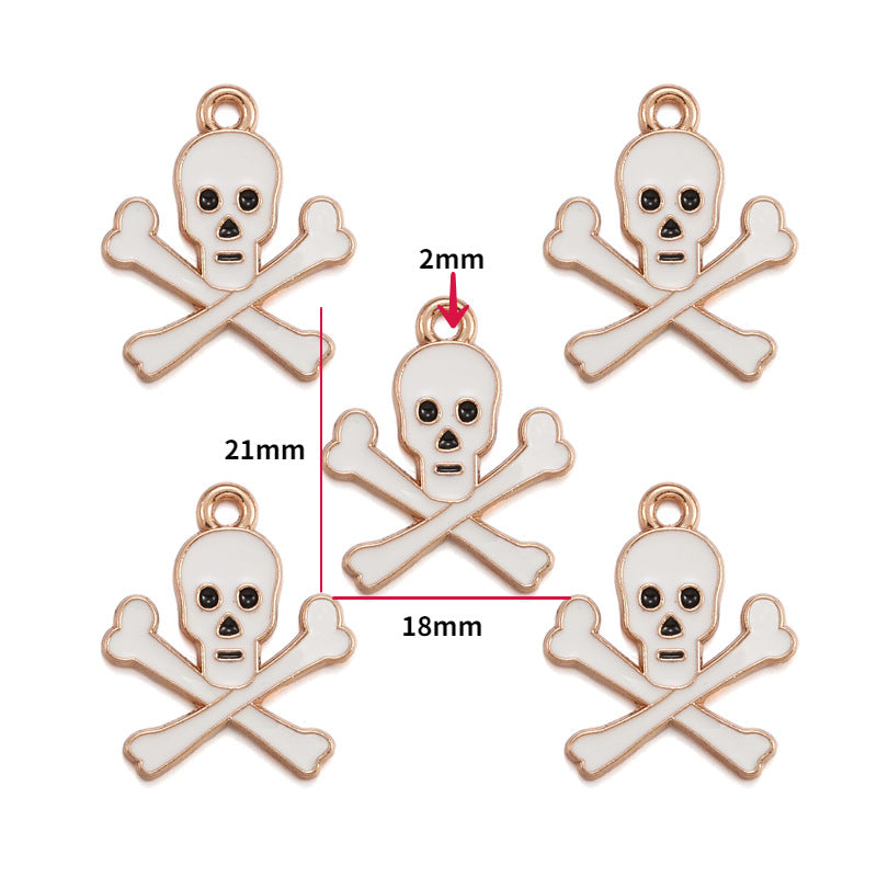 Five white enamel skull and crossbones charms with rose gold outline, 21mm