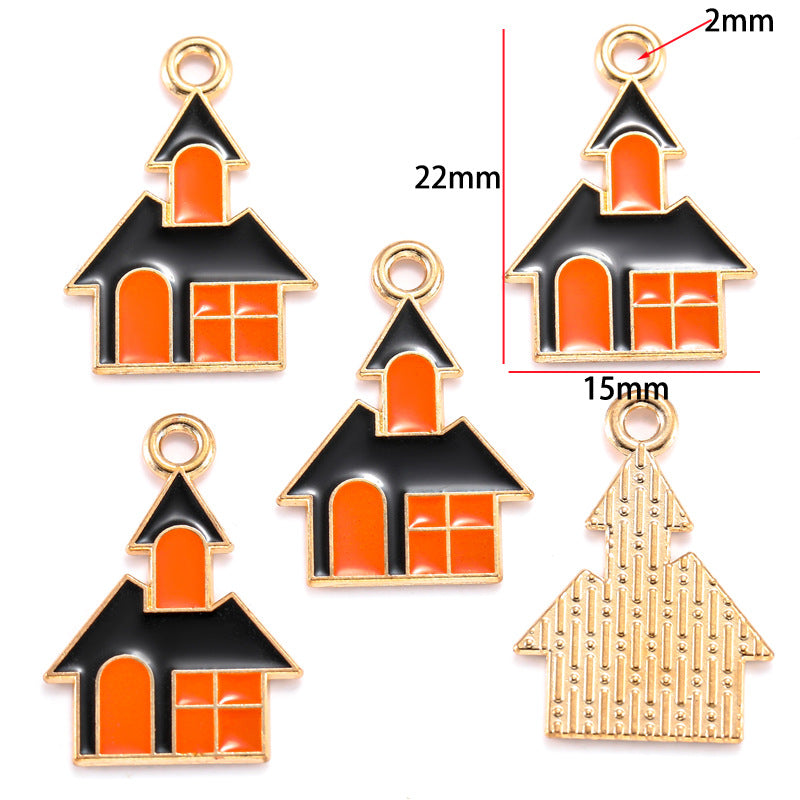 Five gold-tone haunted house charms with black and orange enamel, 22mm by 15mm