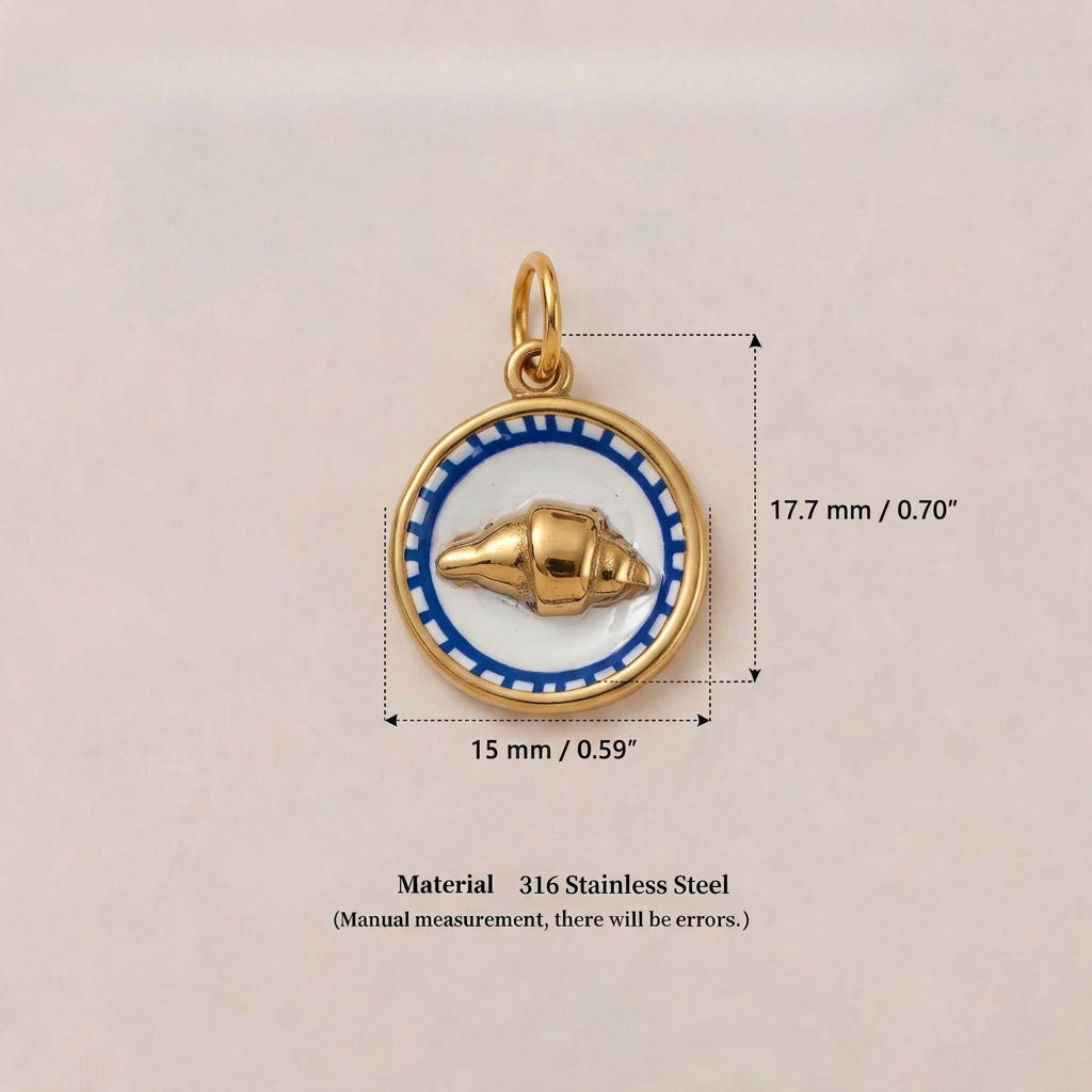 Round gold pendant charm with blue patterned border and gold seashell, shown with size measurements.