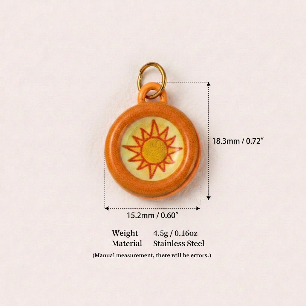 Round orange pendant charm with yellow sun design, shown with size measurements.
