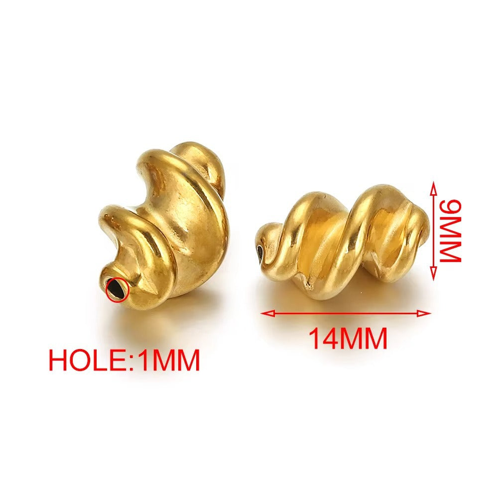 Gold twisted spiral spacer beads with size labels, 9mm by 14mm