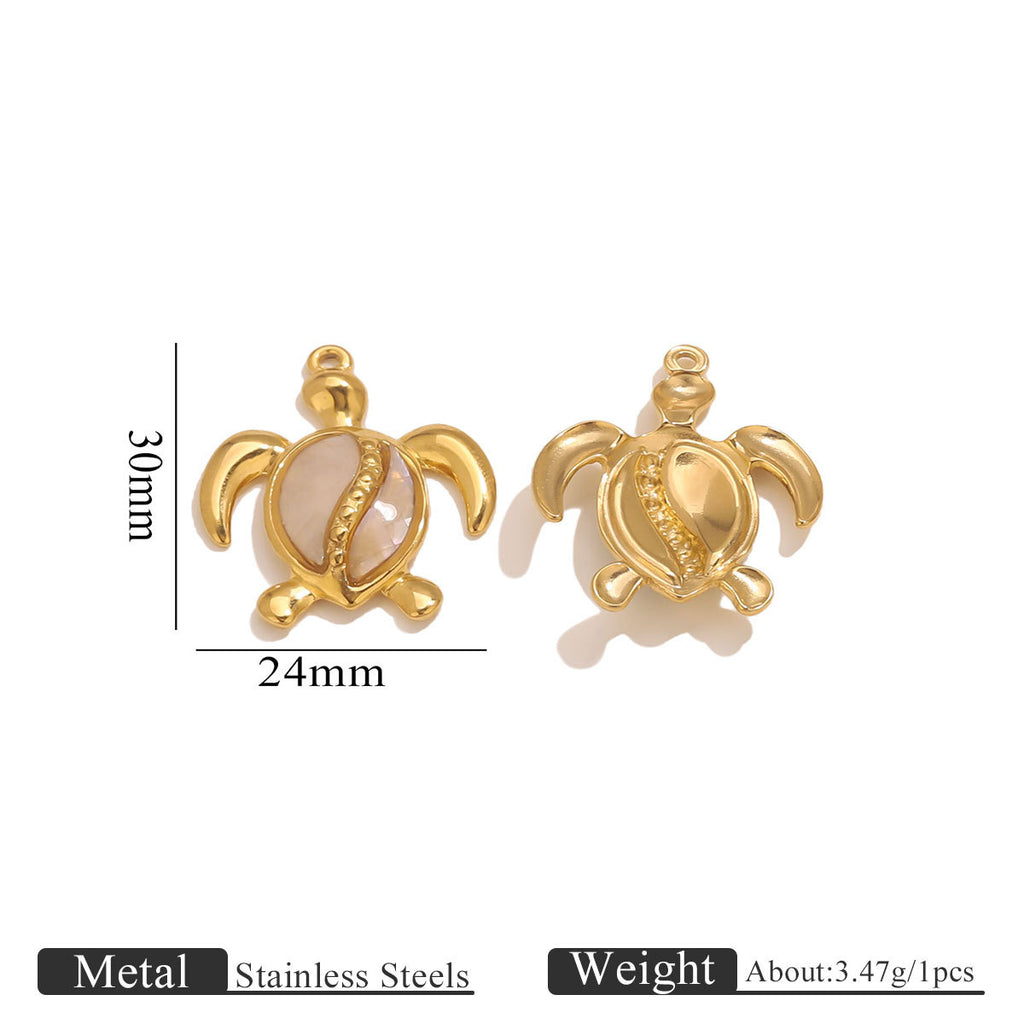 Gold turtle pendant charms with white shell inlay and size markings
