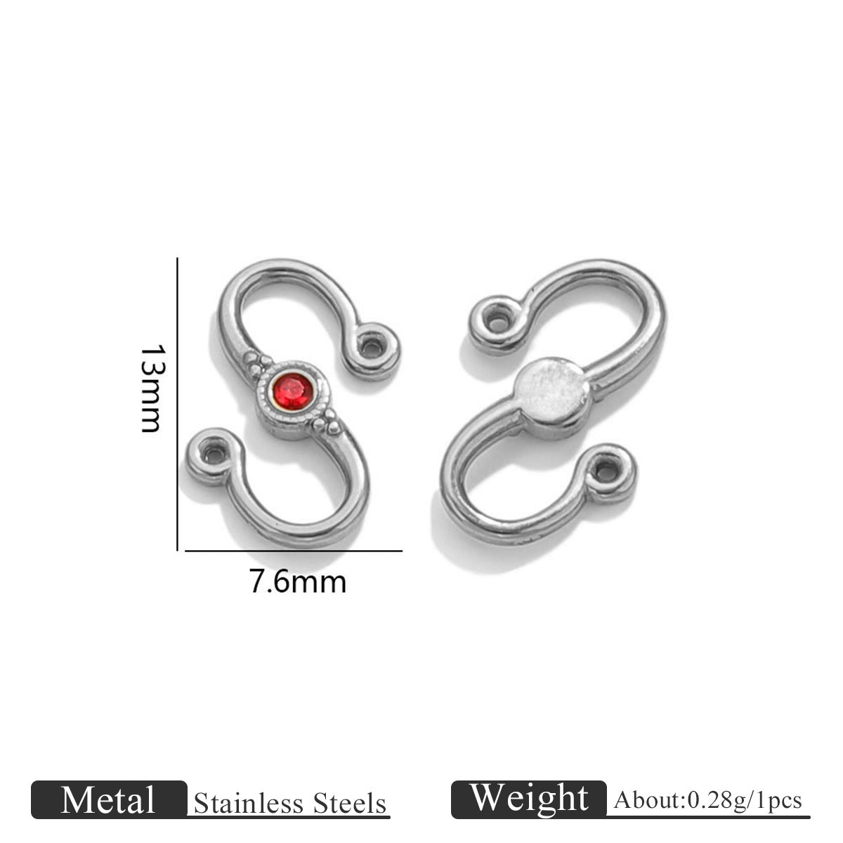 Two silver stainless steel S-hook clasps with red stone, front and back views with 13mm by 7.6mm dimensions