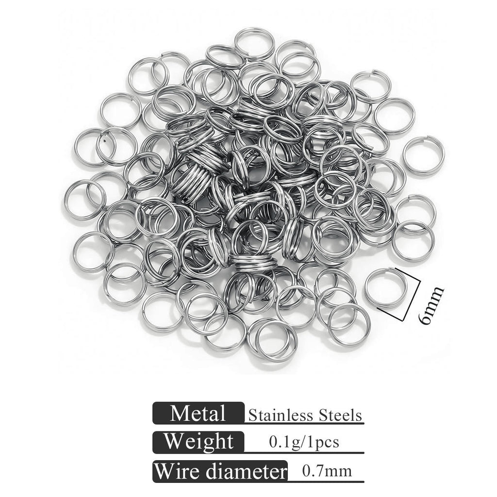 Small stainless steel jump rings piled on white background with specification text