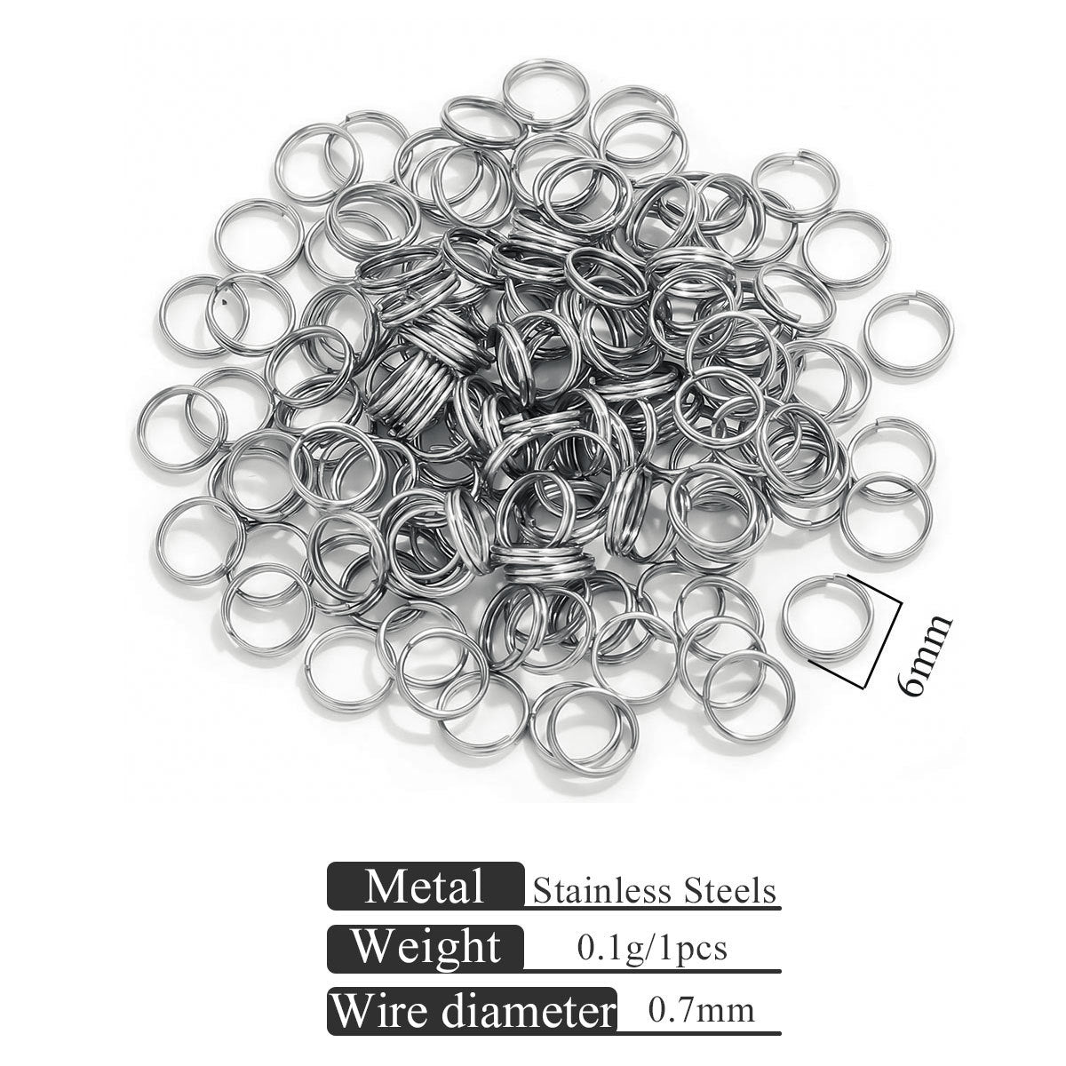 Small stainless steel jump rings piled on white background with specification text