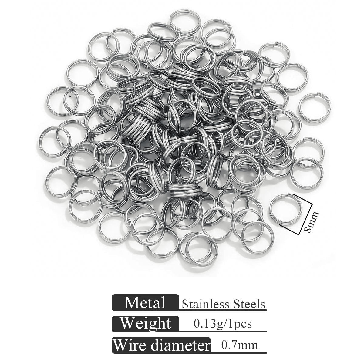 Small stainless steel split rings with 5mm size marker on white background