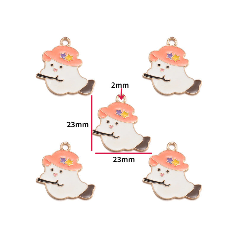 Five ghost-shaped jewelry charms with peach hats and small colorful star accents, shown on a white background with red dimension labels indicating 23mm by 23mm and a 2mm height.