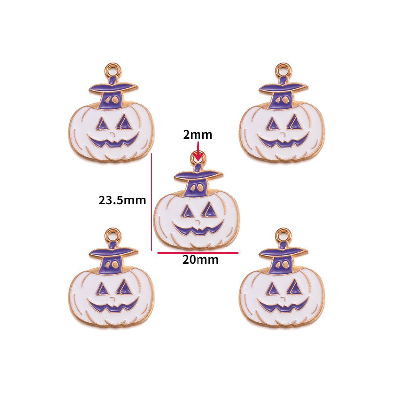 Five pumpkin-shaped charms with witch hats on white background; dimension lines show 23.5 by 20mm