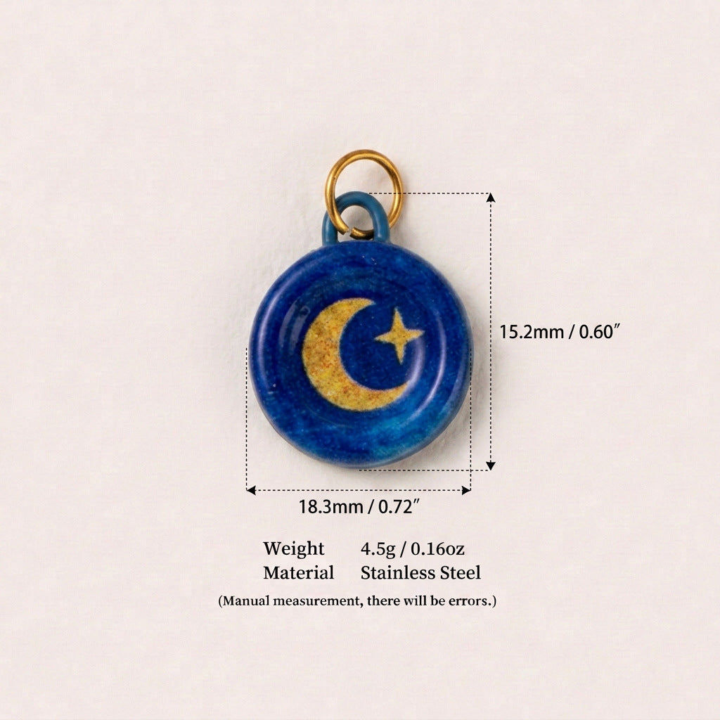 Round blue pendant charm with gold crescent moon and star, shown with size measurements.