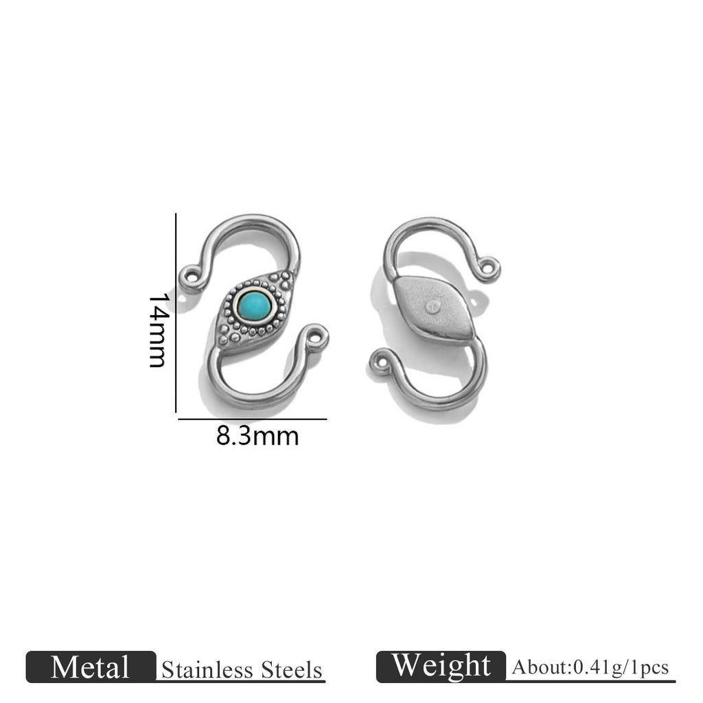 Silver stainless steel S-hook clasp with turquoise stone, front and back views with 14mm by 8.3mm dimensions