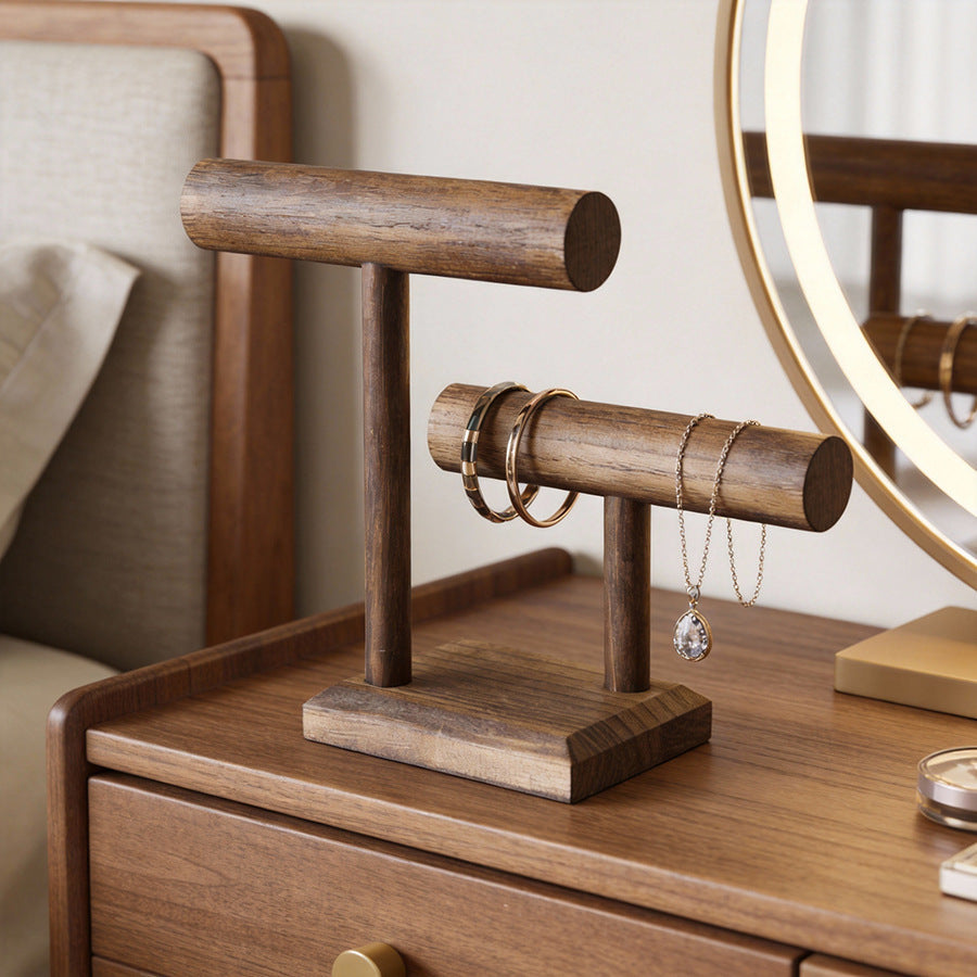 Vintage Solid Wood Double-Tier Bracelet Display Stand – Rustic Wooden Jewelry Organizer for Watches, Necklaces & Bracelets