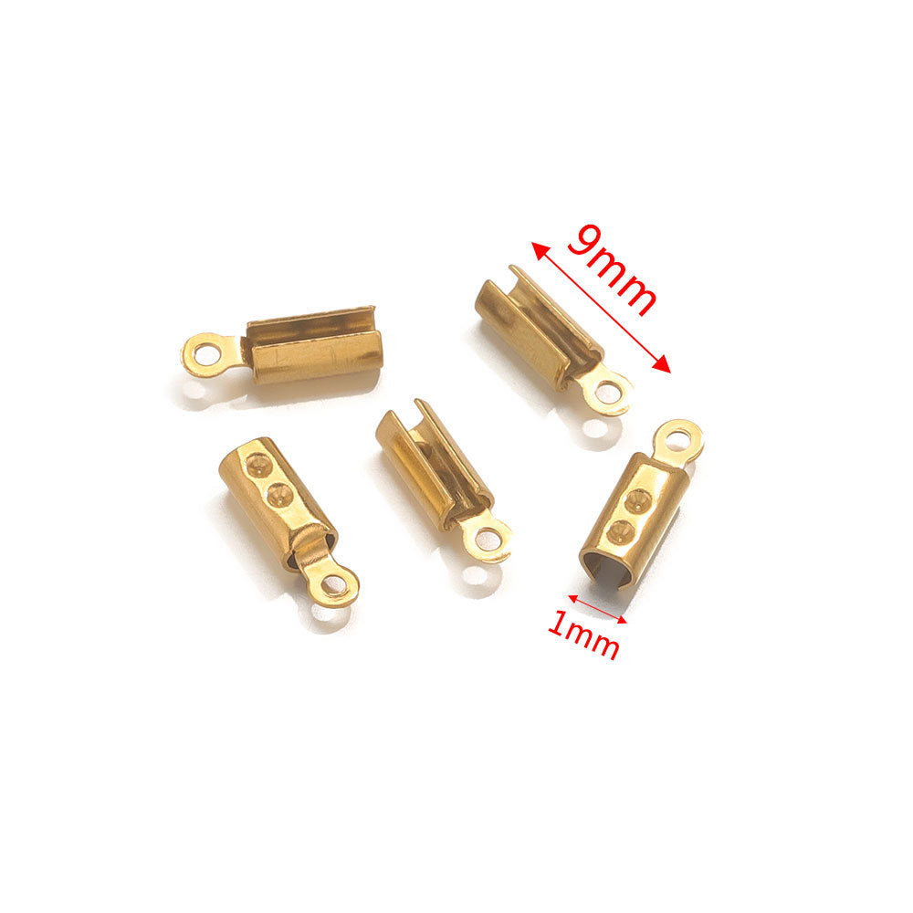 Five gold-tone barrel cord-end connectors with loop ends on white, annotated with 9mm and 1mm dimensions