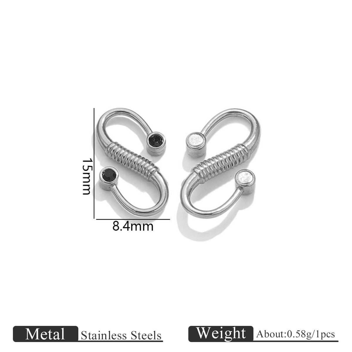 Two silver stainless steel S-hook clasps with black and white stones, 15mm by 8.4mm dimensions
