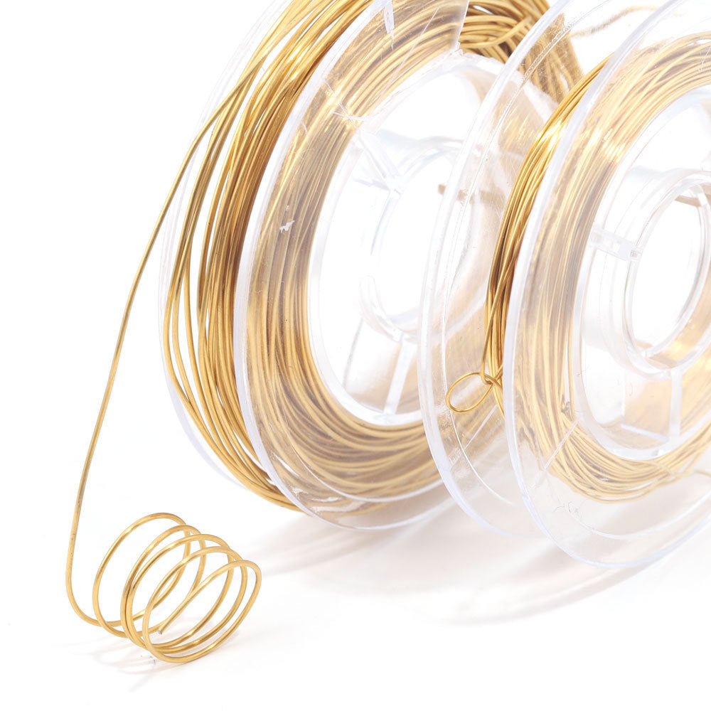 Coil of gold-colored stainless steel jewelry wire on a clear spool, gray background.